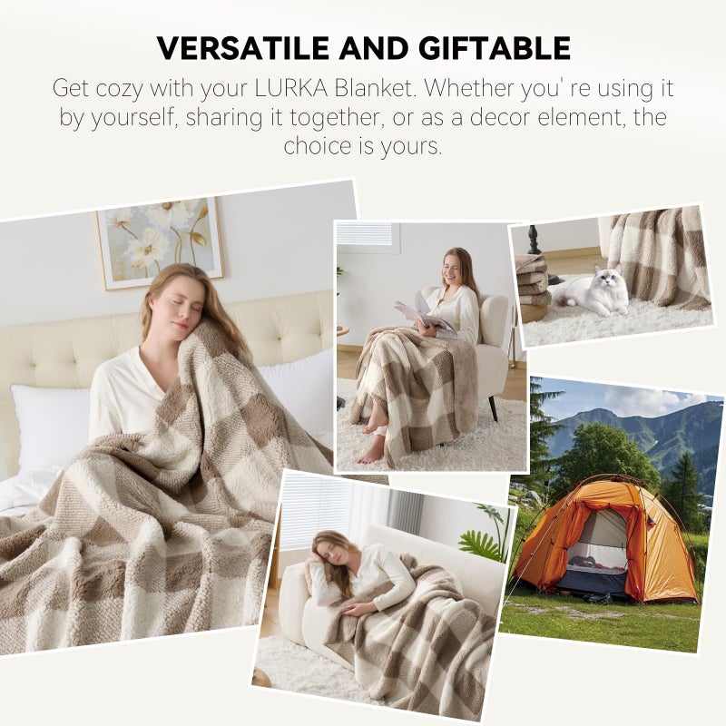 LURKA Checkered Sherpa Fleece Throw Blanket - Extra Thick and Warm Winter Soft Fuzzy Plush Blanket for Couches, Beds & Pets, Khaki, 50x60 Inches - Image 2